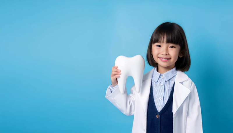 子どもの歯磨きの重要性について説明する白衣を着た女の子