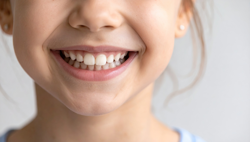 小児矯正で八重歯を治し笑顔を見せる子ども